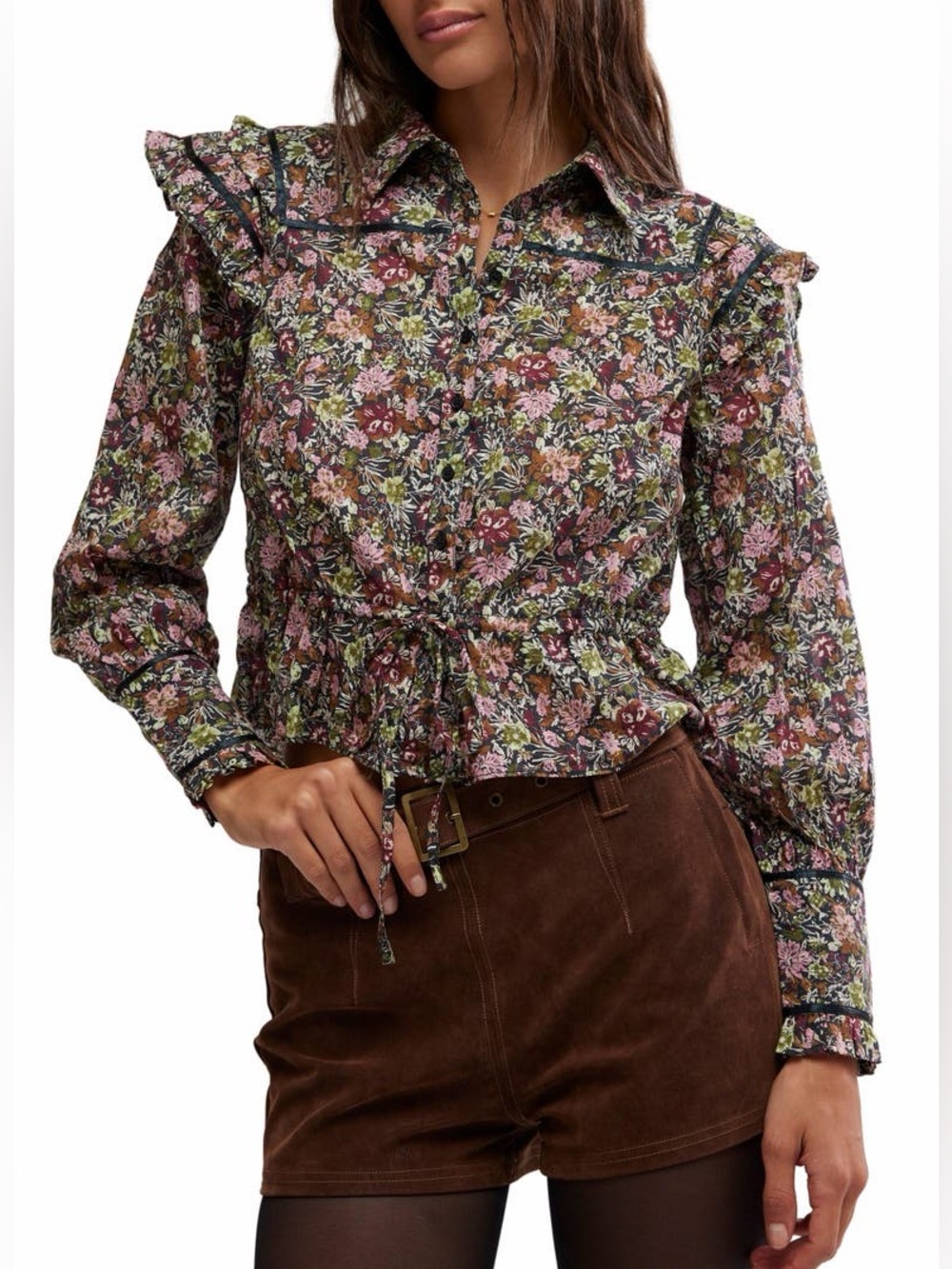 FREE PEOPLE Daybreak Top-Size Small-Romantic Boho Floral Point Collar Black NWT